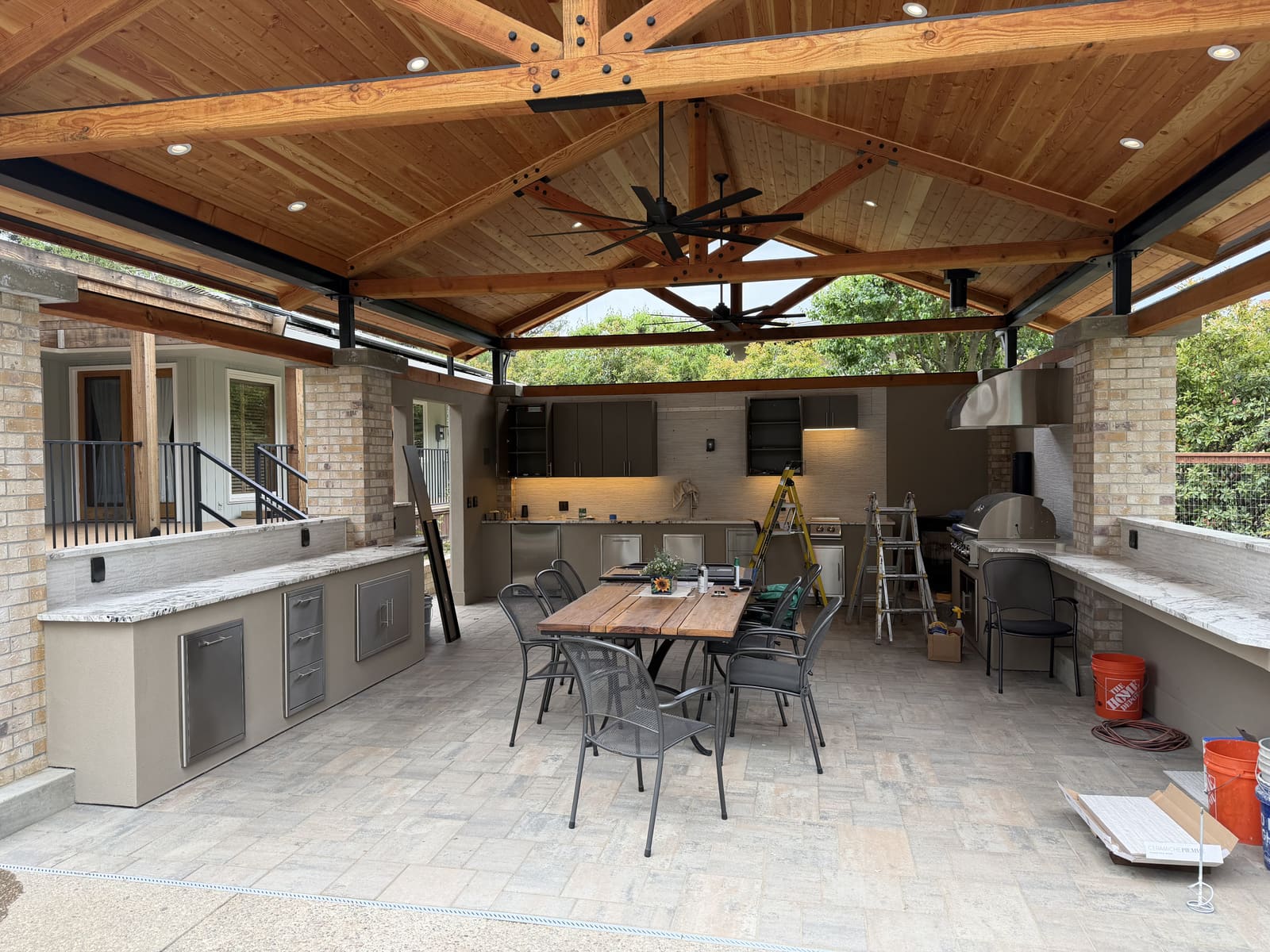 Architectural lighting in a timber-frame hall